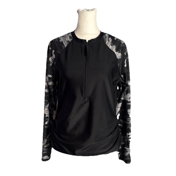 Free Country Top Womens S 4/6 Gray Black Camo Arms Drawstrings 1/4 Zip Pullover - Picture 2 of 13